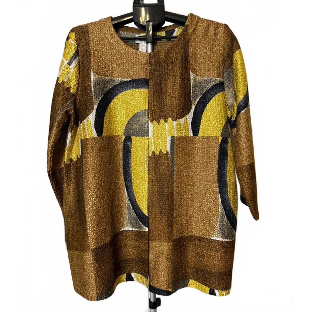CHICOS CAMI & JACKET TWINSET 2 ABSTRACT BROWN & GOLD BLOUSE 3/4 SLEEVE 12 L NWOT - Picture 2 of 8